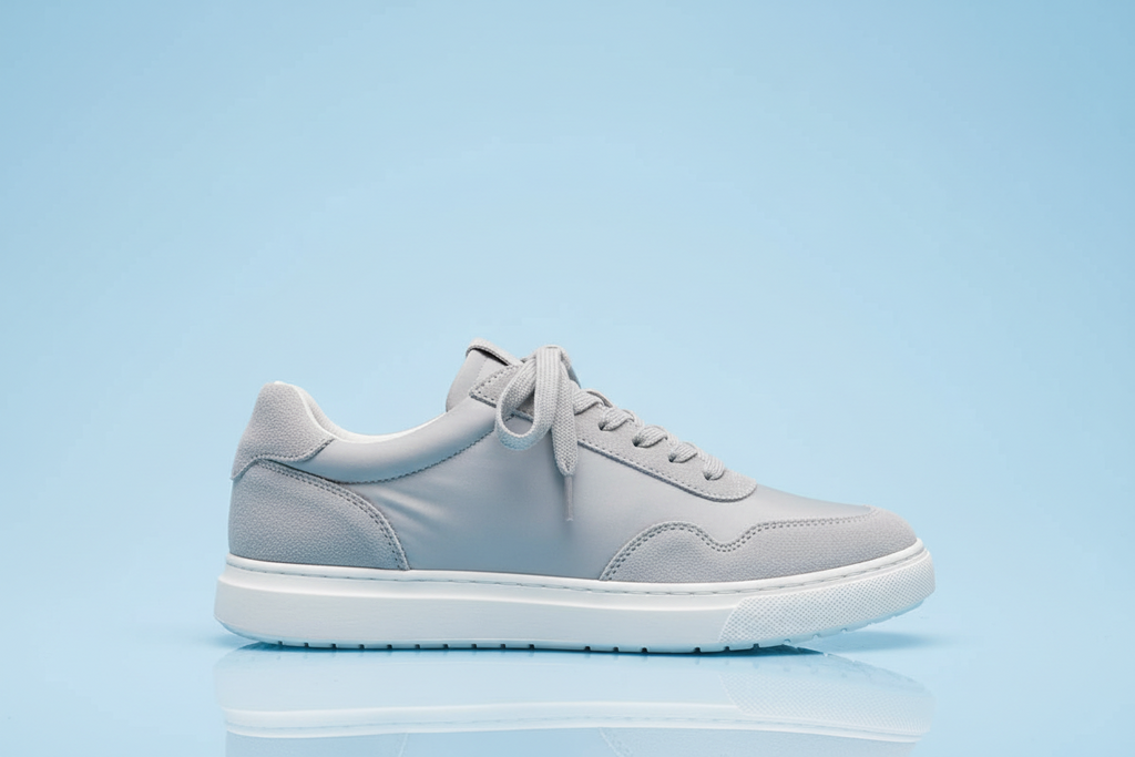 create side view of a light gray partial suede sneaker with light sky blue back ground
